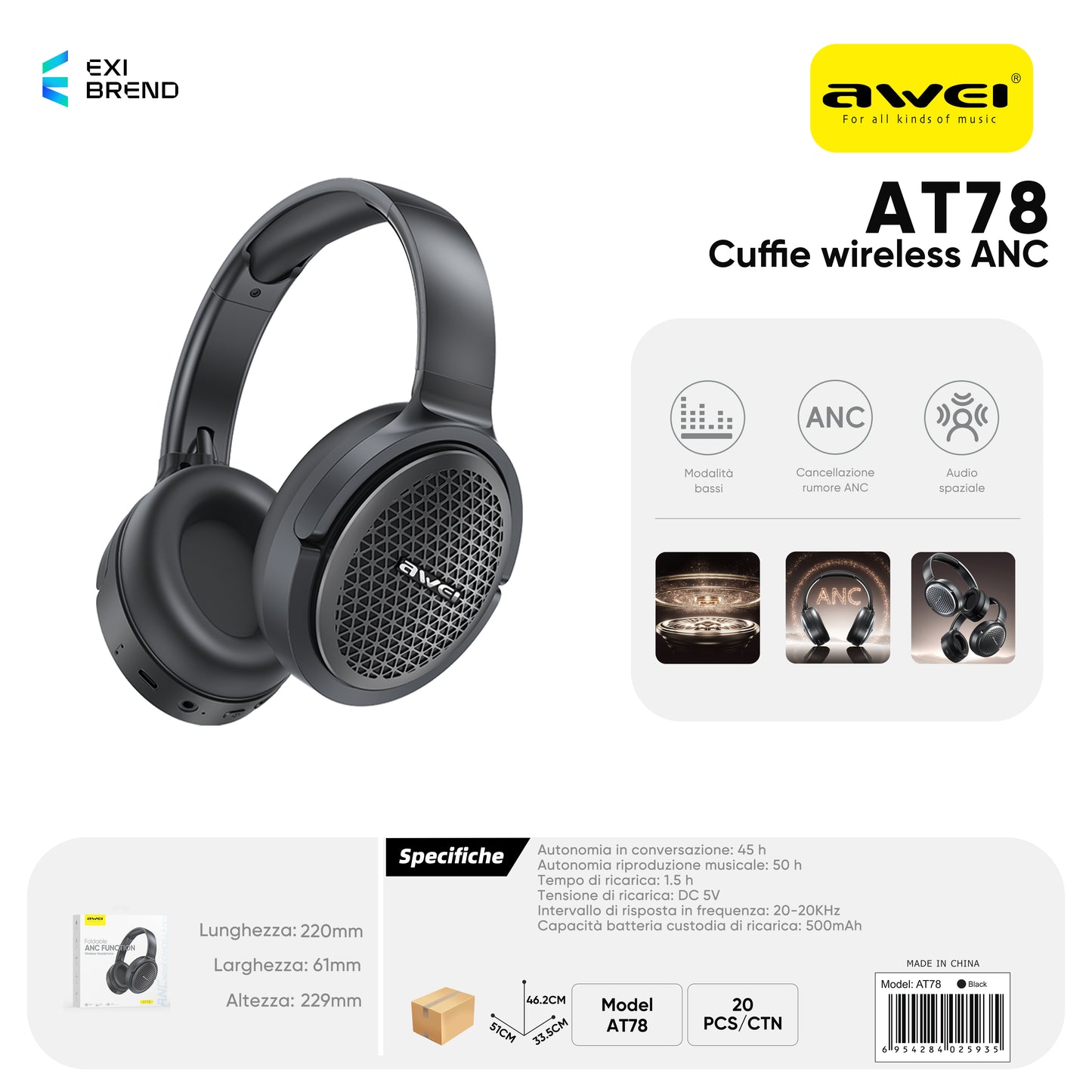 AWEI AT78ANC-BK Cuffie Wireless con Cancellazione Rumore Eattiva