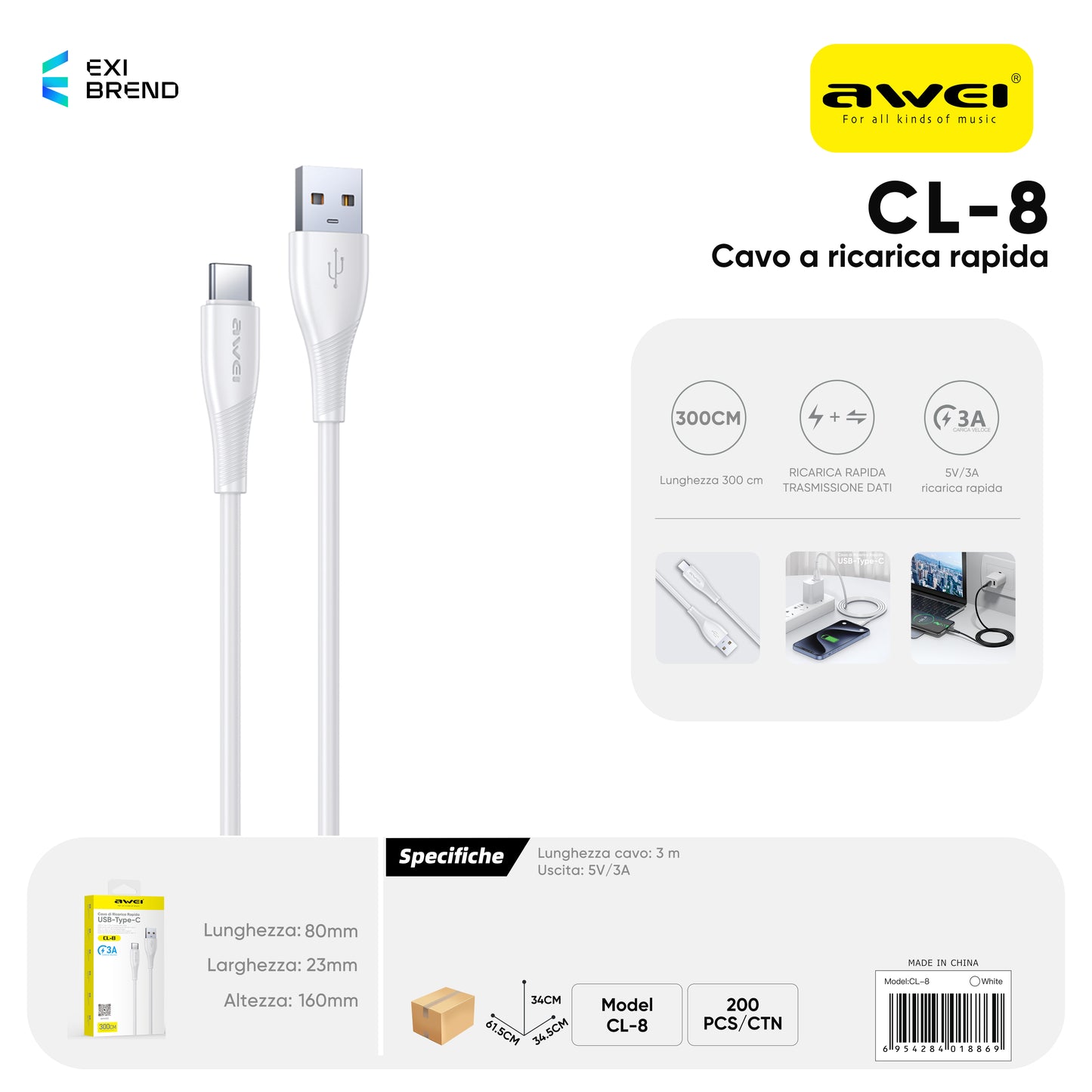 AWEI CL-194TWH Cavo USB a Type-C 3 m