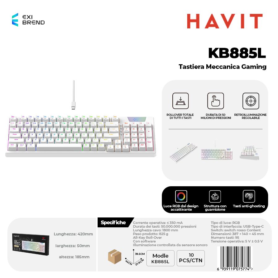 HAVIT KB885L Tastiera Meccanica Gaming RGB con Switch Rossi