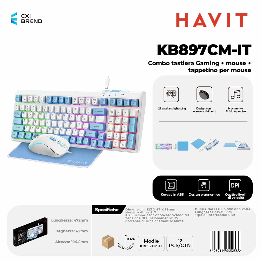 HAVIT KB897CM-IT Kit Tastiera Gaming, Mouse e Tappetino