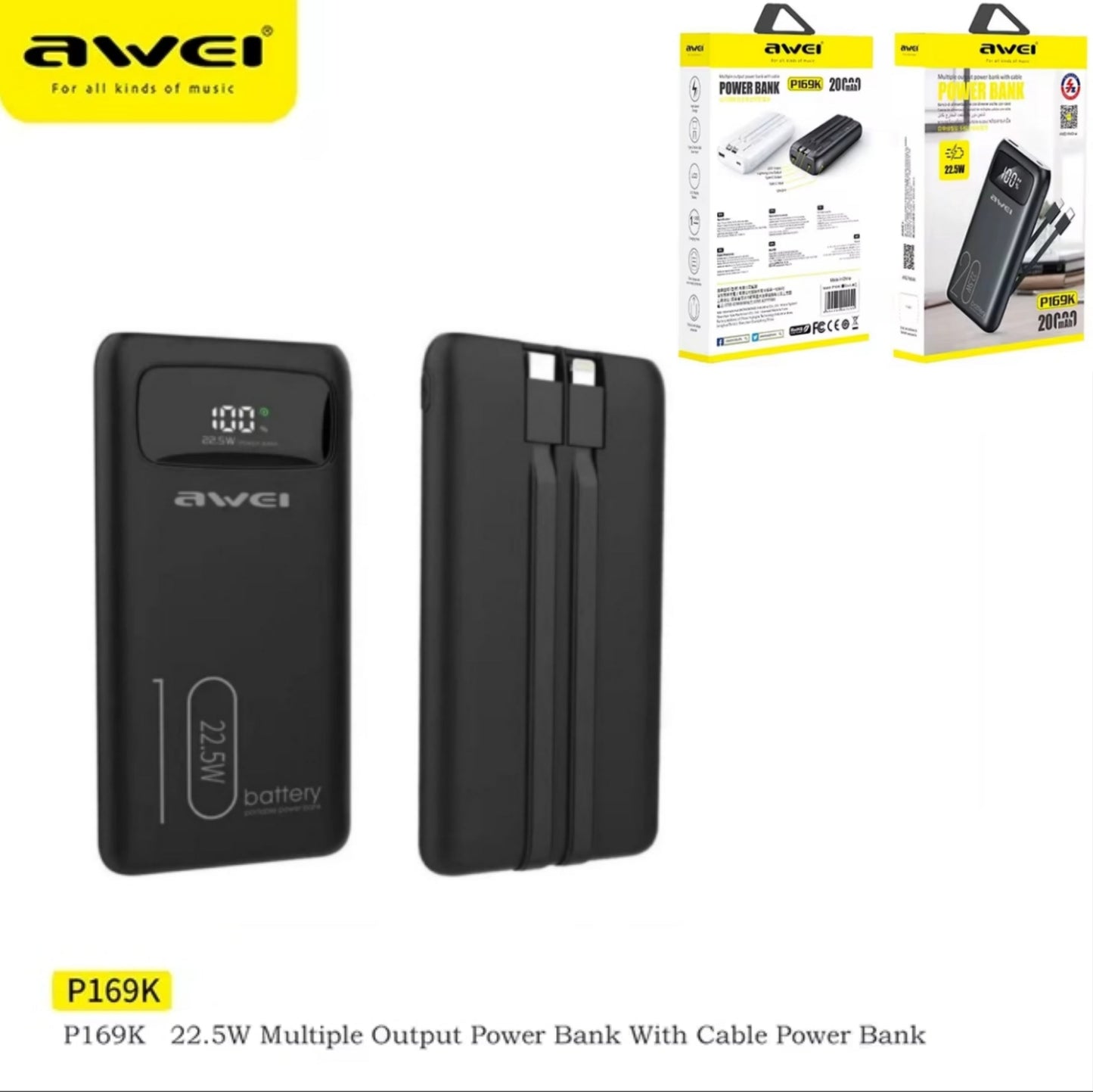 AWEI Powerbank Mobile a Ricarica Rapida Da 22.5W Con Cavo Integrato