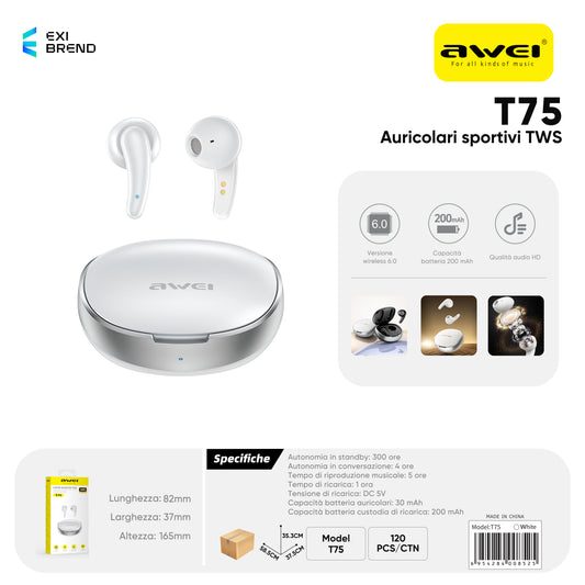 AWEI T75BK T75 True Wireless Sport Auricolari Nero
