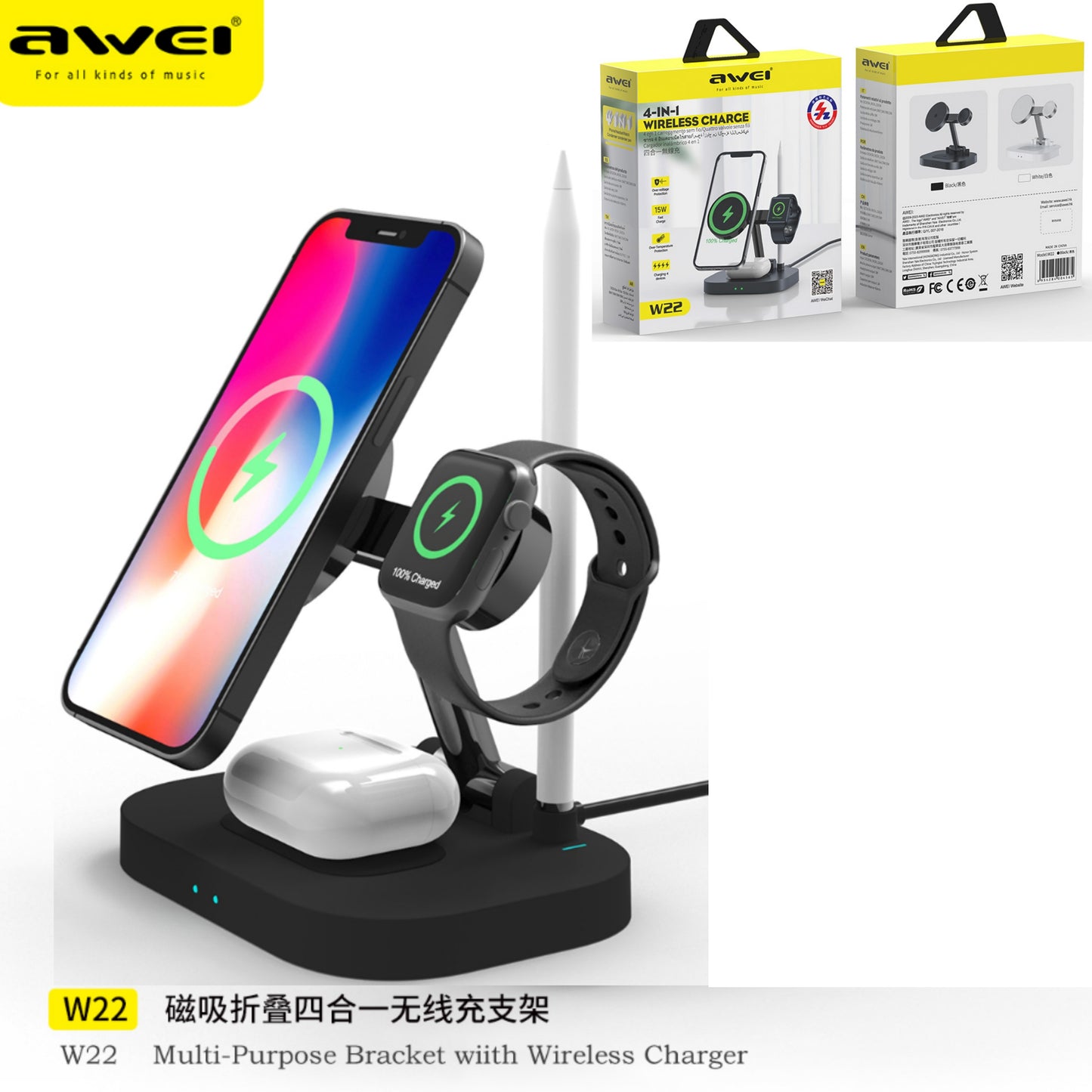 AWEI Base Carica 4 In 1 Wireless Nero