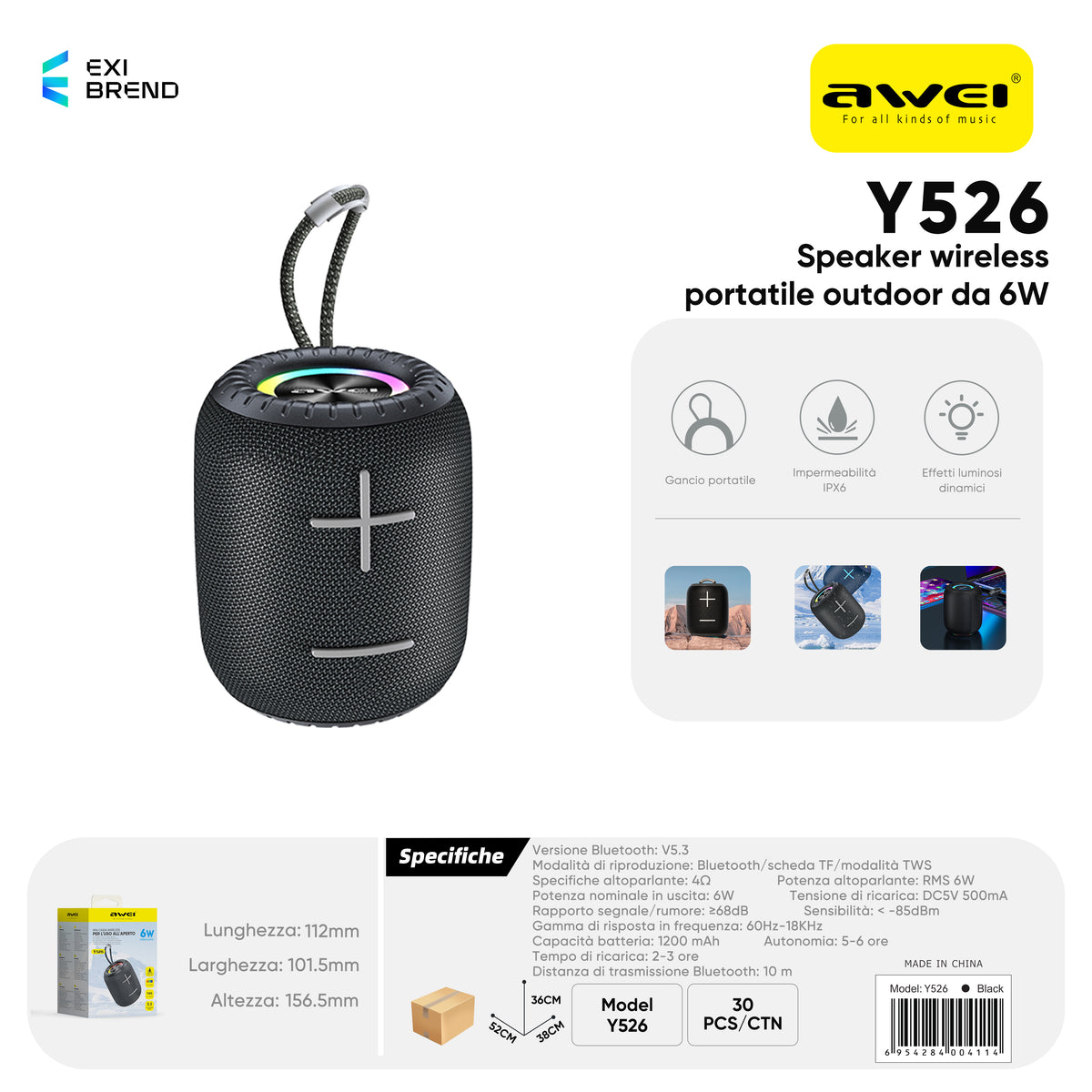 AWEI Y526 Speaker RGB Bluetooth Nero 6 W