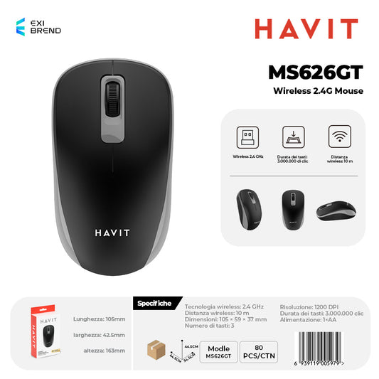 HAVIT MS626GT Wireless 2,4 GHz Mouse DPI 1200 3 Tasti - Grey