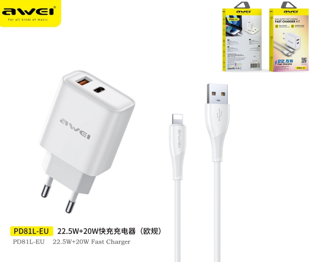 AWEI PD81L-EU Set Caricatore 22,5 W USB Type-C con Cavo U-L - White