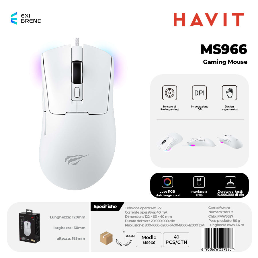 HAVIT MS966 Mouse Gaming con RGB DPI Fino 12000 7 Tasti Macro Programming - White