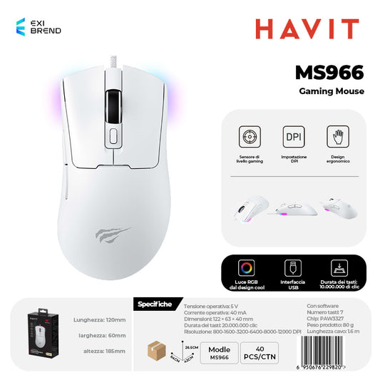 HAVIT MS966 Mouse Gaming con RGB DPI Fino 12000 7 Tasti Macro Programming - White