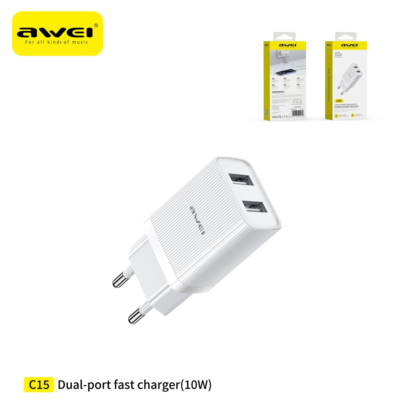 AWEI C15-EU Caricatore con Doppio Uscita USB 10 W - White
