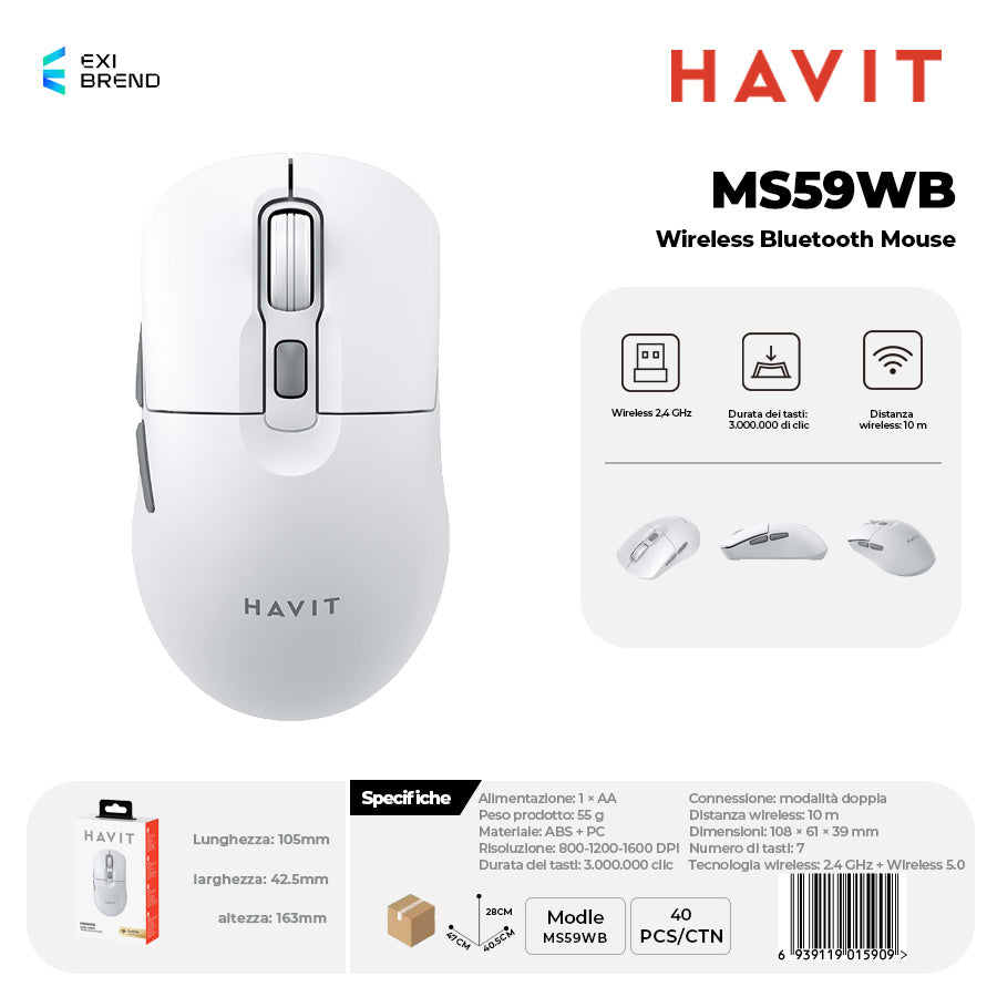 HAVIT MS59WB Wireless Bluetooth 5,0 Mouse DPI Regolabili 800-1200-1600 Peso 55g - White