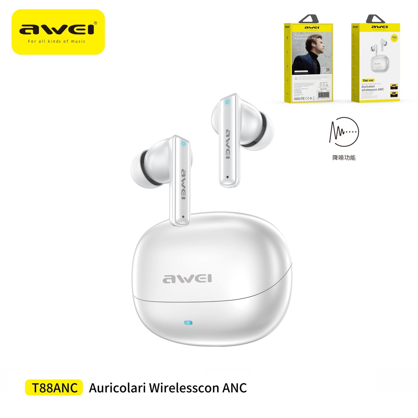 AWEI T88ANC-WH Auricolari Sportivo True Wireless con Cancellazione Rumore Attiva Bianco