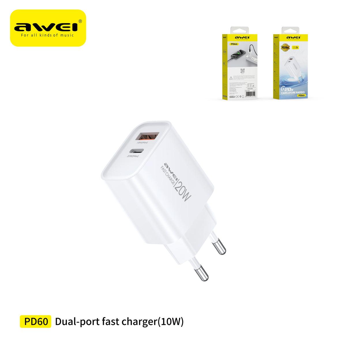 AWEI PD60-EUWH Caricatore a Ricarica Rapida 20 W USB + Type-C