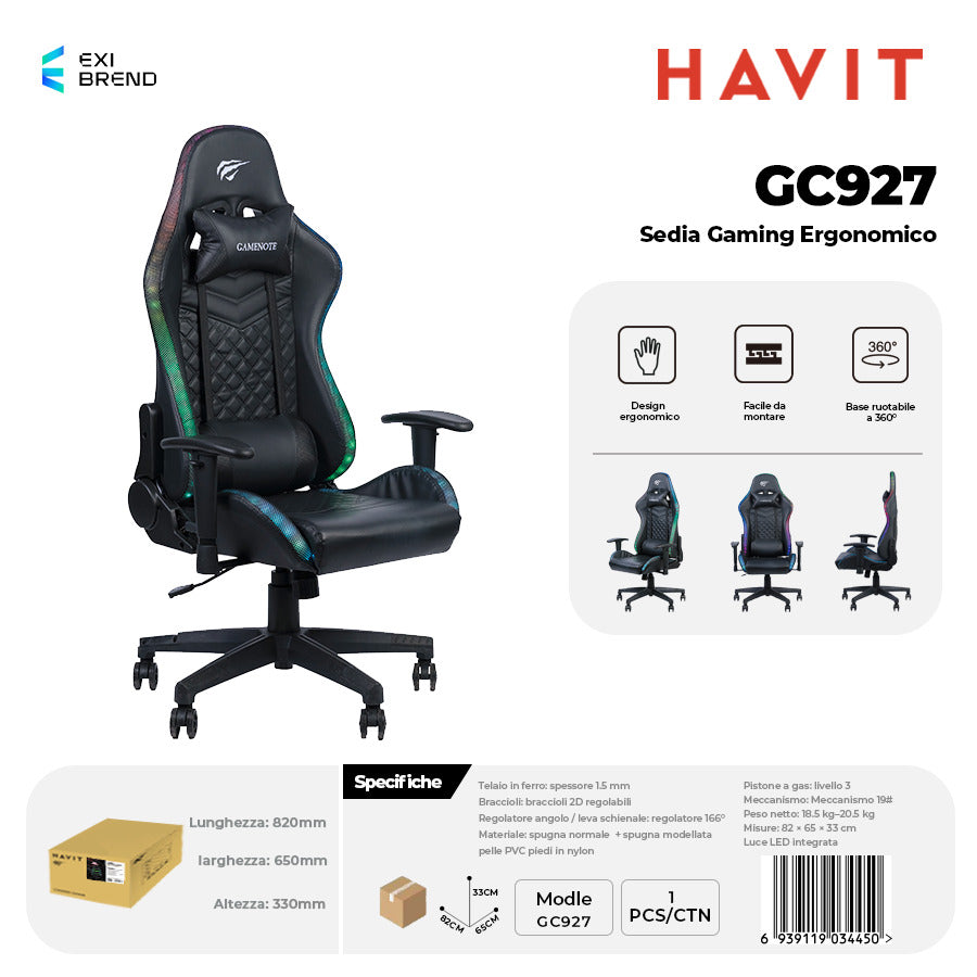 HAVIT GC927 Sedia Gaming Nera con Luci RGB