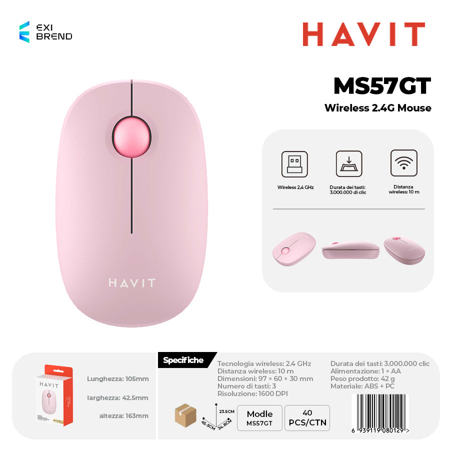 HAVIT MS57GT Wireless 2,4 GHz Mouse DPI 1600 Peso 42g - Pink