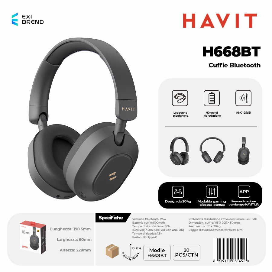 HAVIT H668BT Cuffie Bluetooth 5,4 Batt.500 mAh - Black