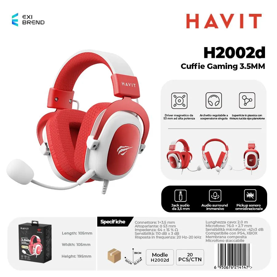 HAVIT H2002D Cuffie Gaming Altoparlante da 53 mm con Attacco 3,5 mm - White/Red