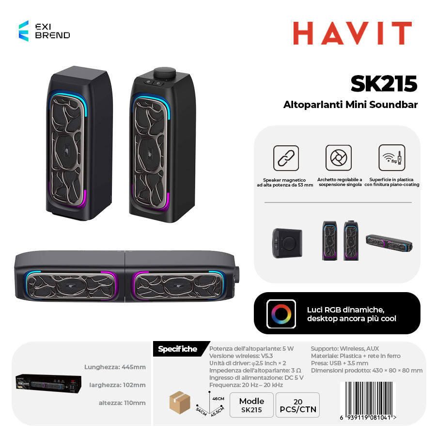 HAVIT SK215 Speaker Mini Soundbar con RGB Cavo USB 6 W