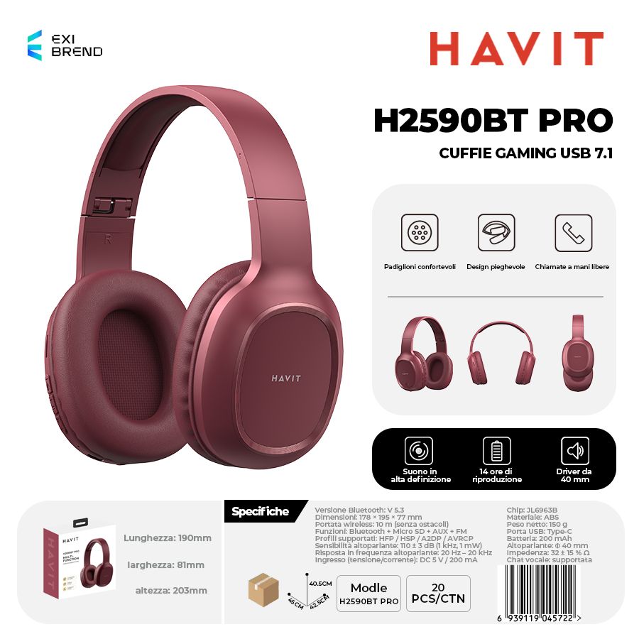 HAVIT H2590BT PRO Cuffie Bluetooth Multifunzione Microsd-FM-AUX 200 mAh - Red