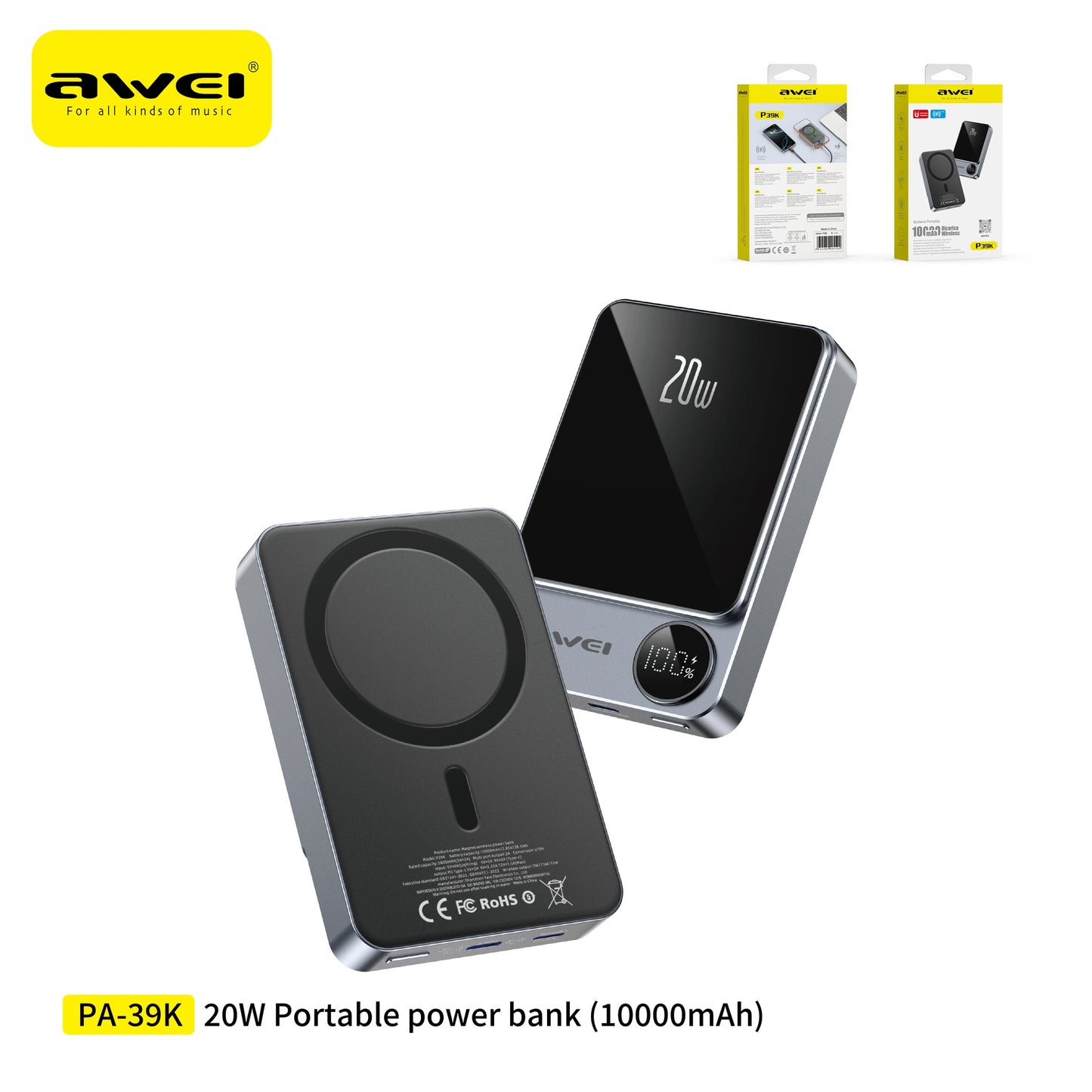 AWEI P39K Power Bank Wireless + USB 10000 mAh 20 W