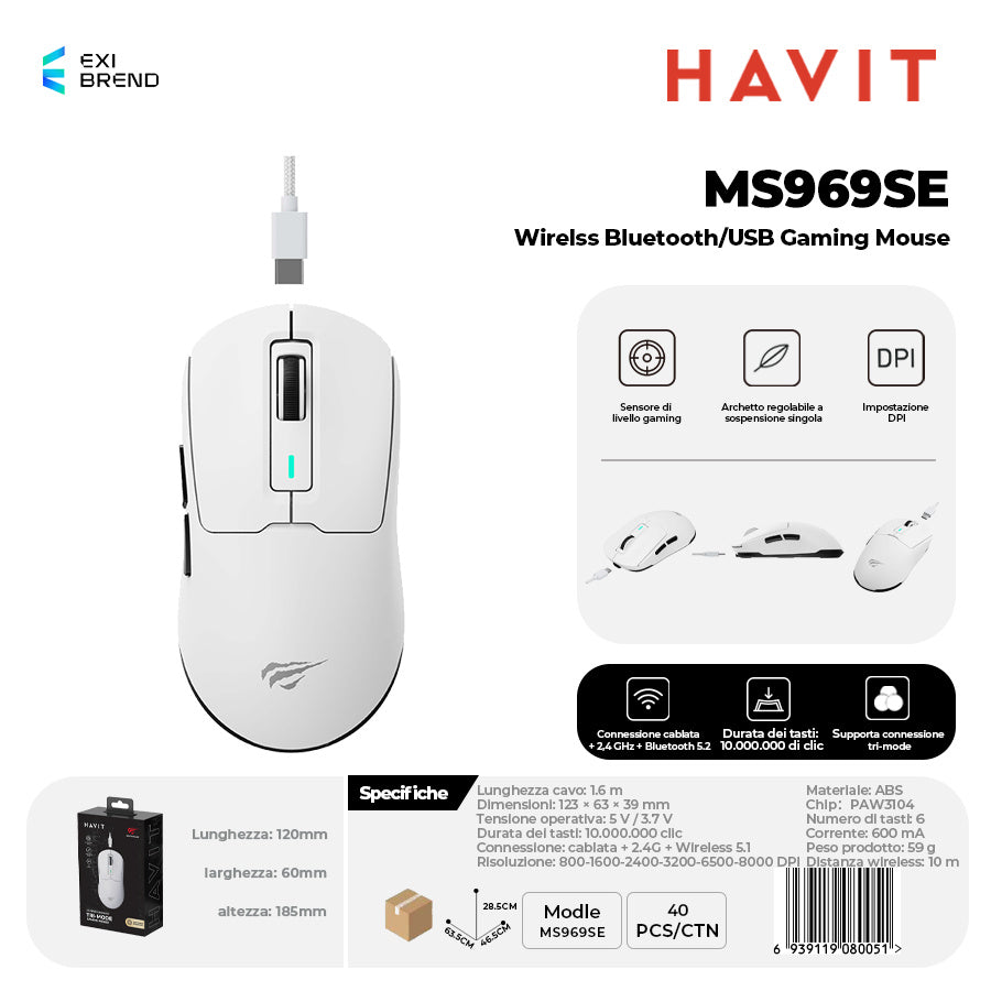 HAVIT MS969SE Wireless Bluetooth 5,1 / Mouse Gaming USB con RGB DPI Regolabili Fino 8000 - White