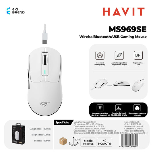 HAVIT MS969SE Wireless Bluetooth 5,1 / Mouse Gaming USB con RGB DPI Regolabili Fino 8000 - White