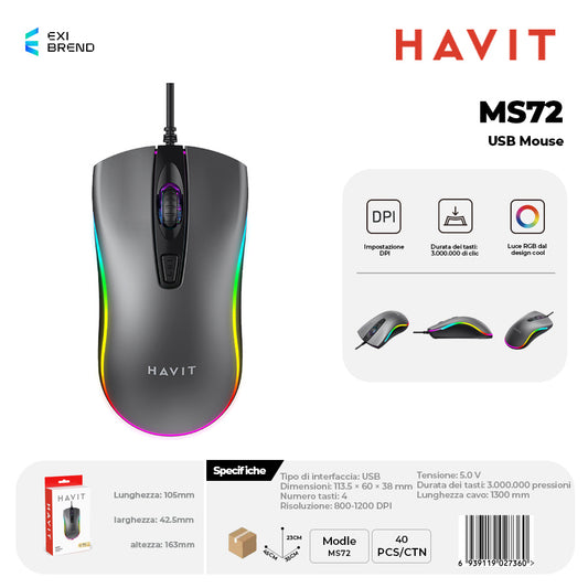 HAVIT MS72 Mouse USB RGB Regolabile - Grey