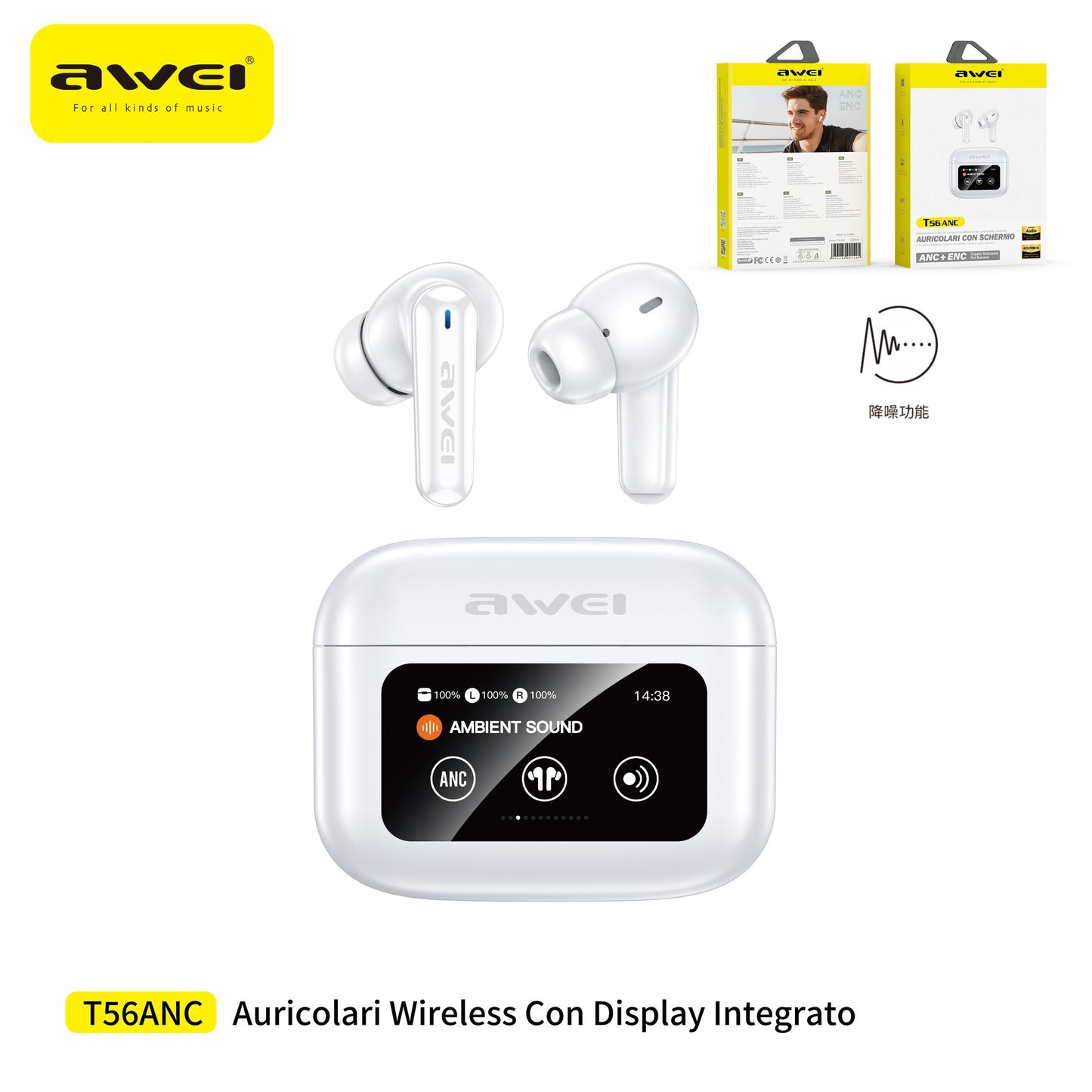 AWEI T56ANC-WH Auricolari True Wireless con Display Multifunzione Bianco