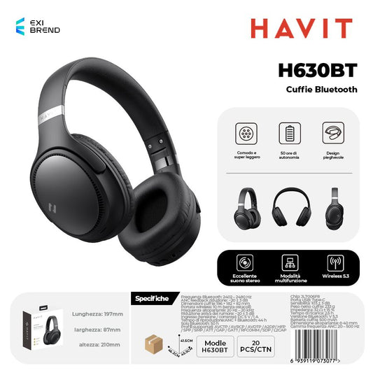 HAVIT H630BT Cuffie Bluetooth Pieghevole Altoparlante 40 mm 500 mAh - Black