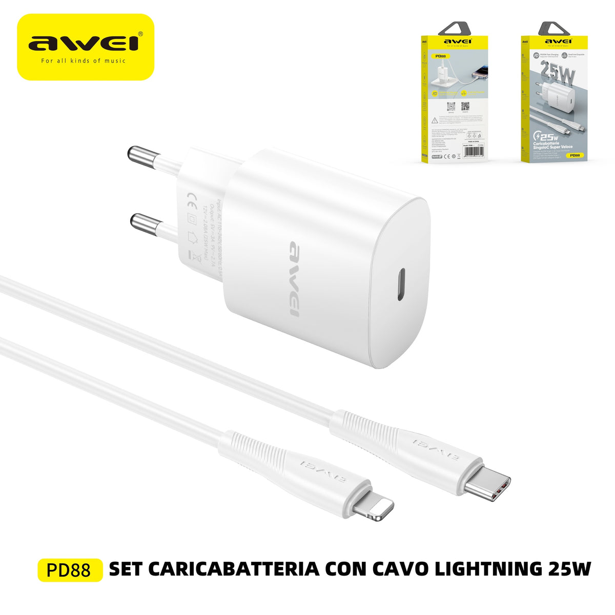 AWEI PD88CL Set Caricatore 25 W + Cavo Type-C a Lightning