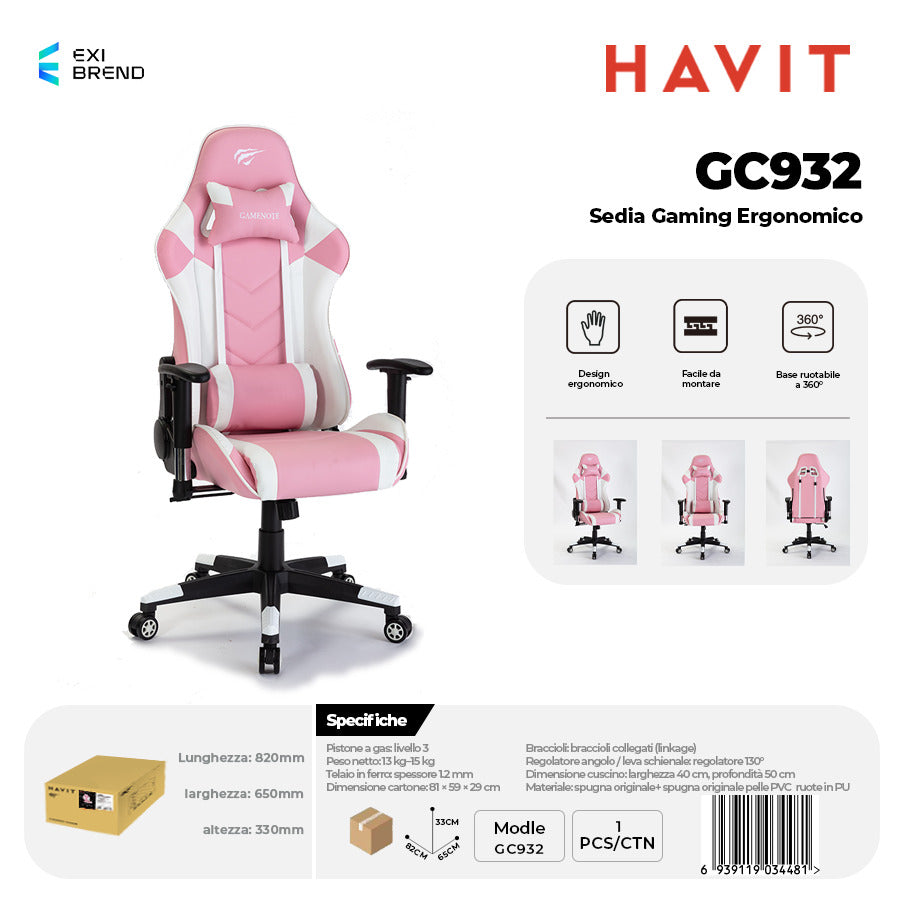HAVIT GC932 Sedia Gaming Bianca e Rosa