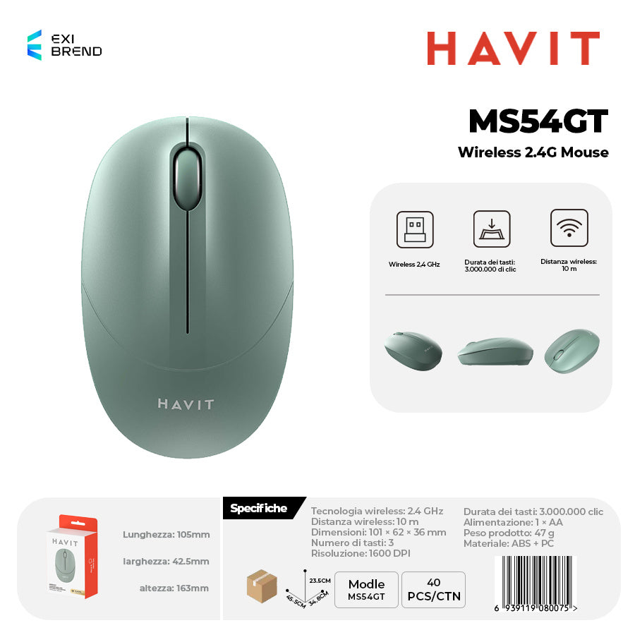 HAVIT MS54GT Wireless 2,4 GHz Mouse DPI 1600 Peso 47g - Green