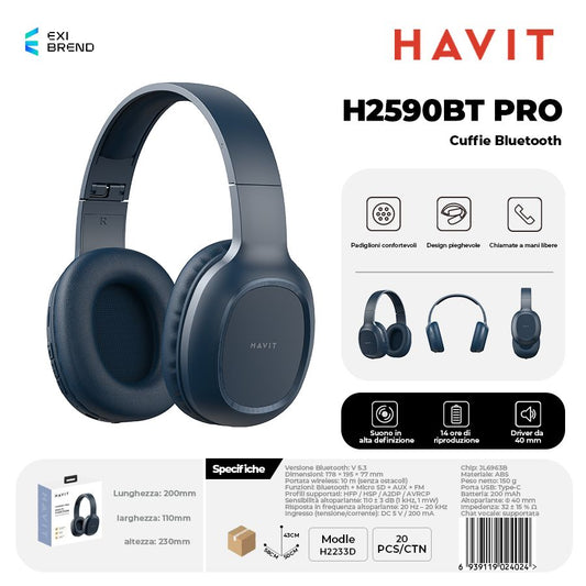 HAVIT H2590BT PRO Cuffie Bluetooth Multifunzione Microsd-FM-AUX 200 mAh - Blue