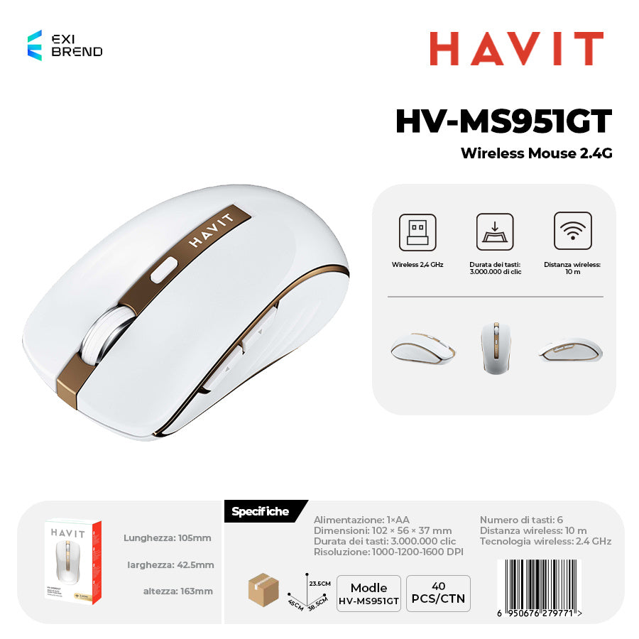 HAVIT HV-MS951GT Mouse Wireless 2,4 GHz 1000-1200-1600dpi Regolabili - White