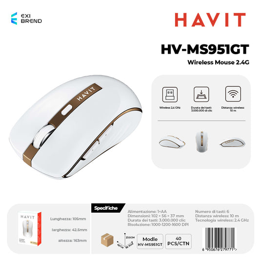 HAVIT HV-MS951GT Mouse Wireless 2,4 GHz 1000-1200-1600dpi Regolabili - White