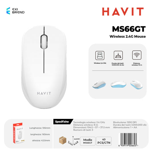 HAVIT MS66GT Wireless 2,4 GHz Mouse 3 Tasti - White/Blue