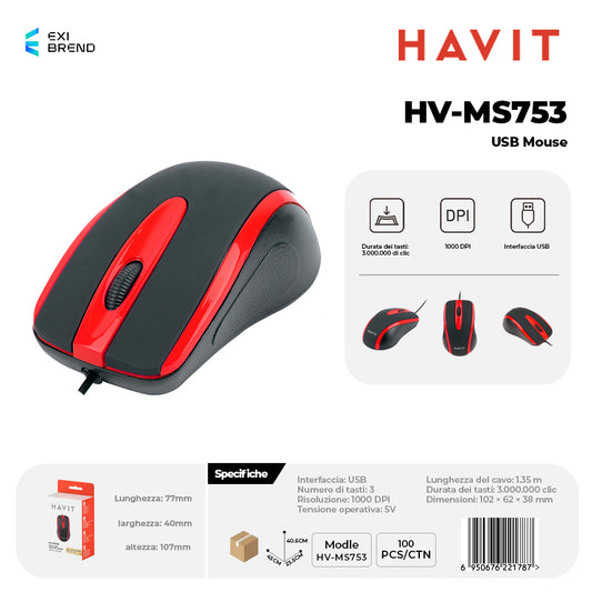 HAVIT HV-MS753 Mouse USB Design Ergonomico - Red