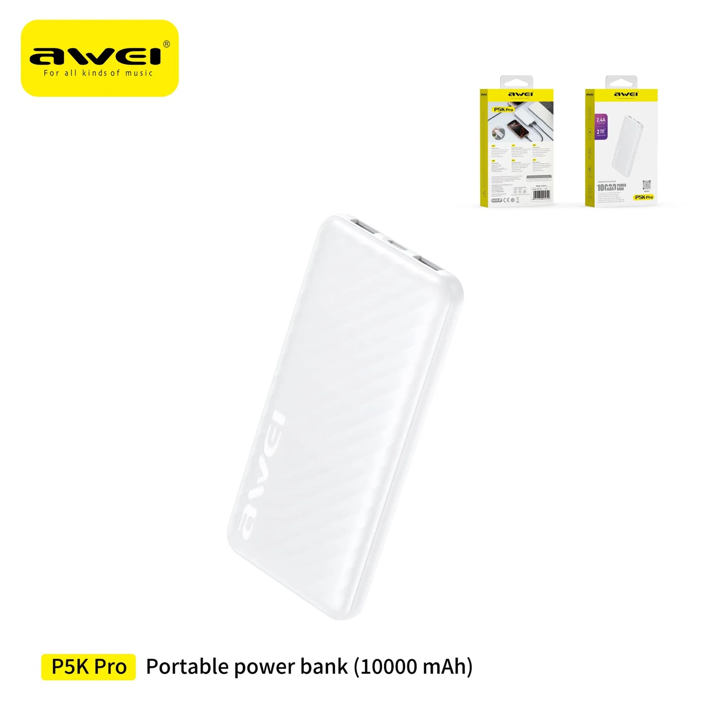AWEI P5Kpro Power Bank USB in Polimero 10000 mAh - White