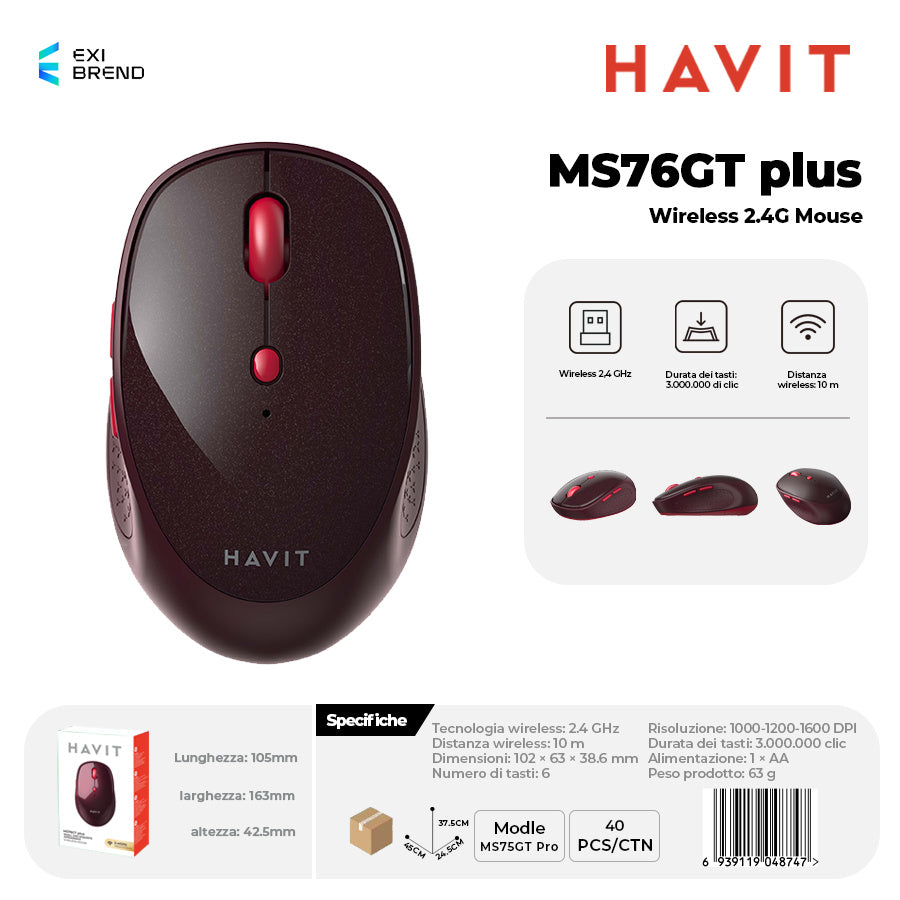 HAVIT MS76GT plus Wireless 2,4 GHz Mouse DPI Regolabili 800-1200-1600-2400 - Red