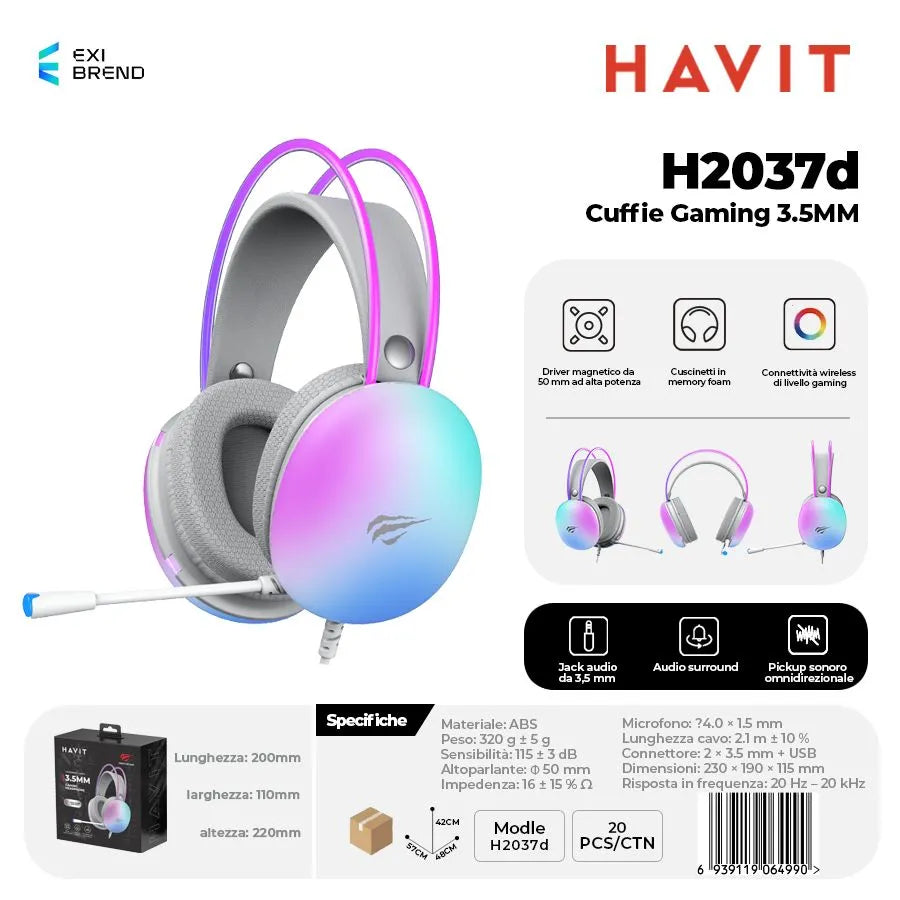 HAVIT H2037d Cuffie Gaming Altoparlante da 50 mm con Attacco 3,5 mm Guscio Luce Trasmitte