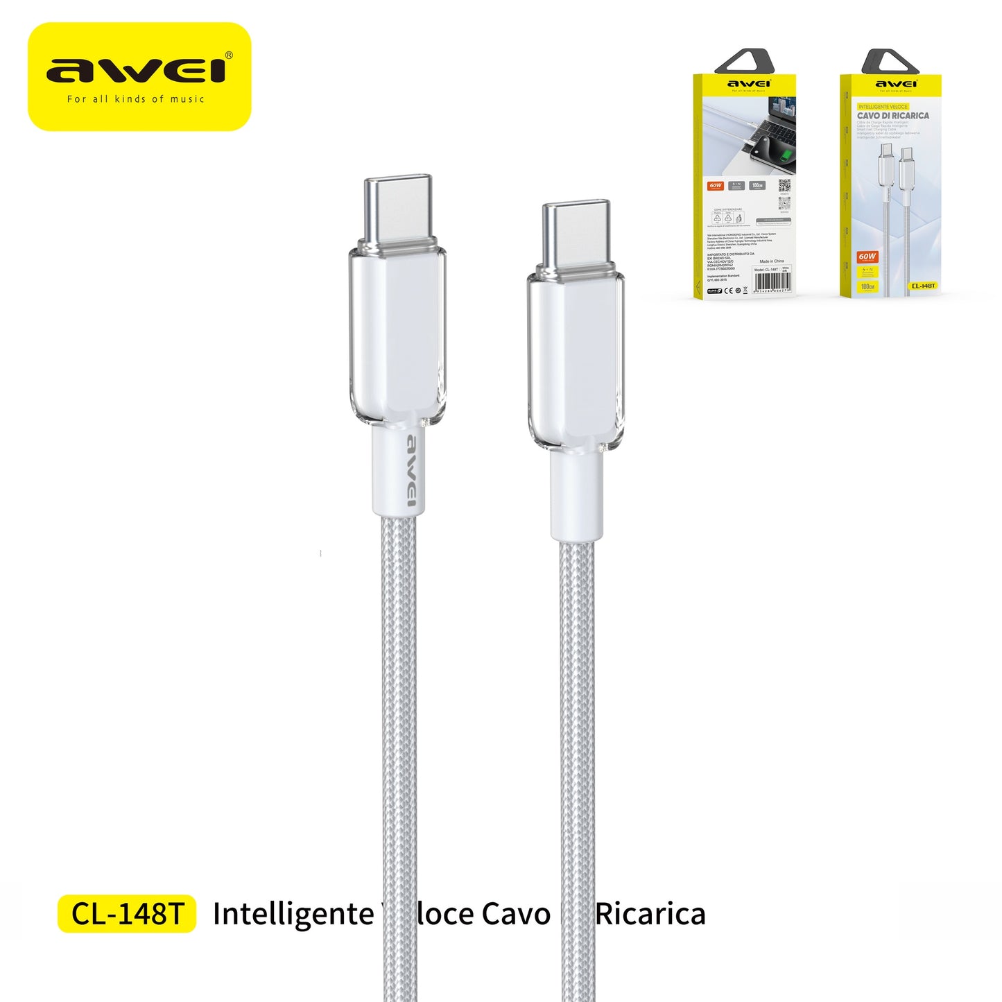 AWEI CL-148T Cavo Ricarica Rapida Type-C a Type-C Trecciato 27 W / 60 W 1 m
