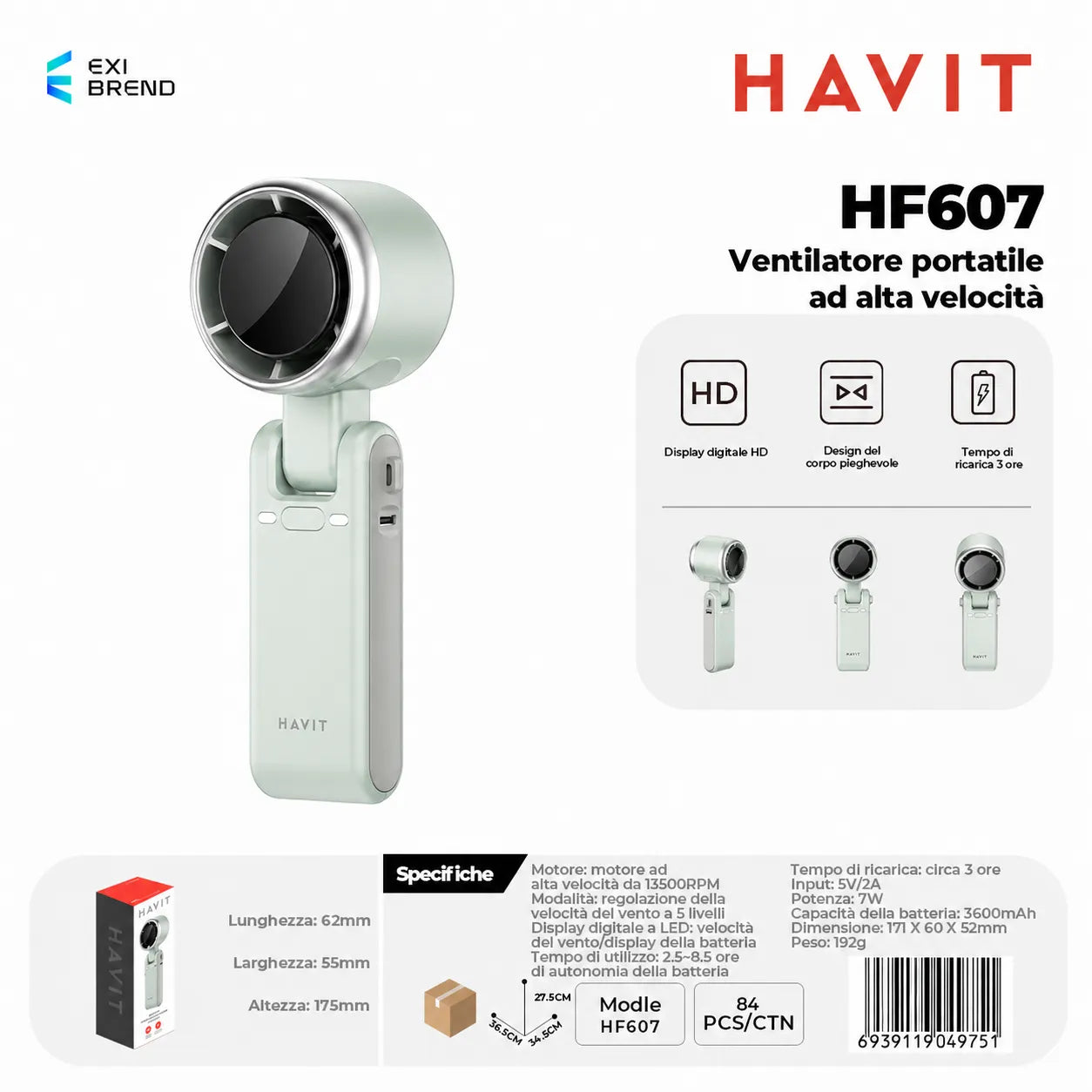 HAVIT HF607 Small Home Appliances-Ventilatore Portatile Ad Alta Velocità - Green