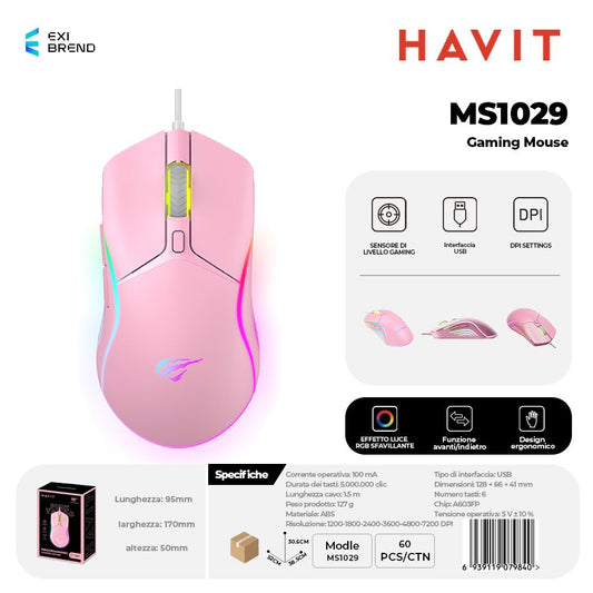 HAVIT MS1029 Mouse Gaming con RGB e 7 Tasti Macro Programming Alta Precisione - Pink