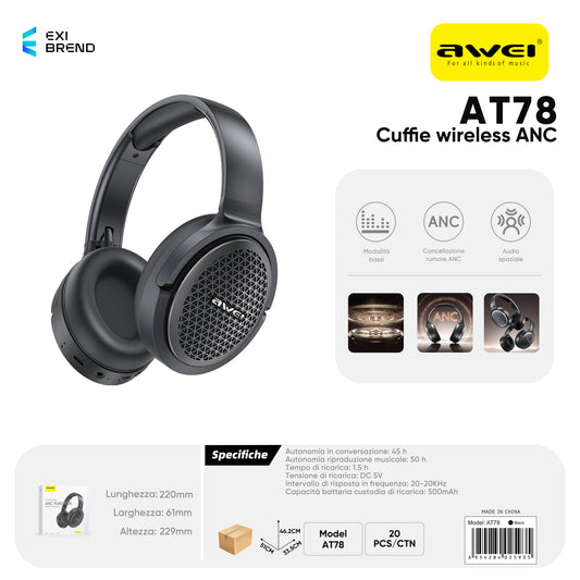 AWEI AT78ANC-BK Cuffie Wireless con Cancellazione Rumore Eattiva