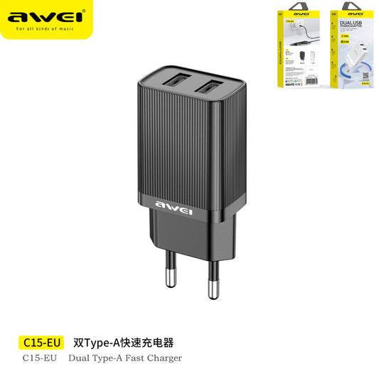 AWEI Set Caricabatteria Con Doppio Output Usb + Cavo Usb To Lightning Nera