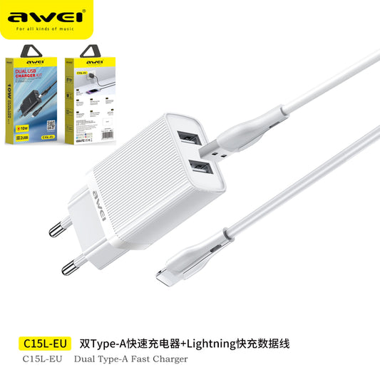 AWEI Set Caricabatteria Con Doppio Output Usb + Cavo Usb To Lightning