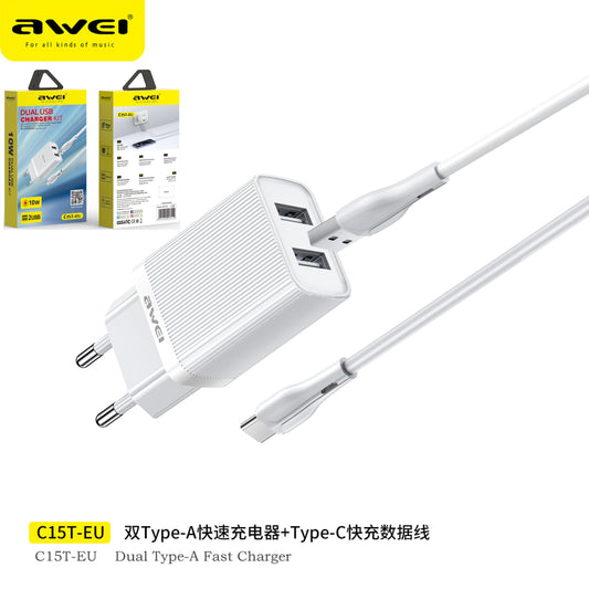 AWEI Set Caricabatteria Con Doppio Output Usb + Cavo Usb To Type-C