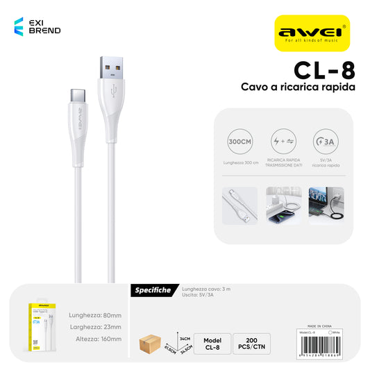 AWEI CL-194TWH Cavo USB a Type-C 3 m