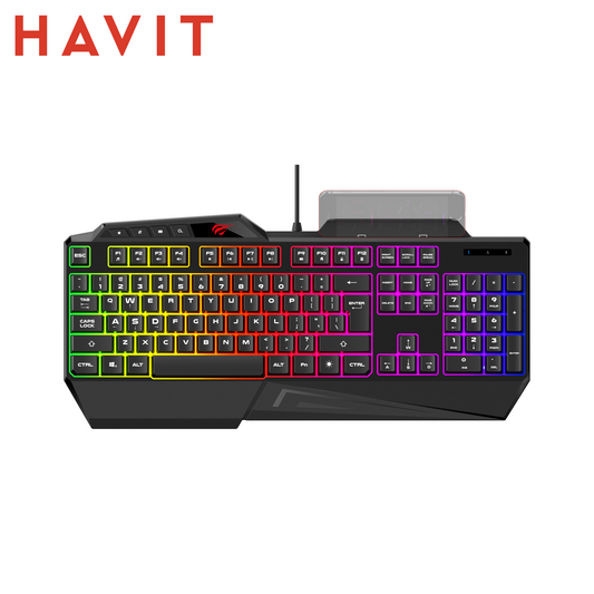 HAVIT KB488L – Tastiera a Membrana da Gaming USB con Retroilluminazione - Poggiapolsi e Supporto per Telefono