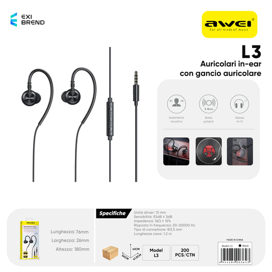 AWEI L3 Auricolari Cablati Nero con Comandi