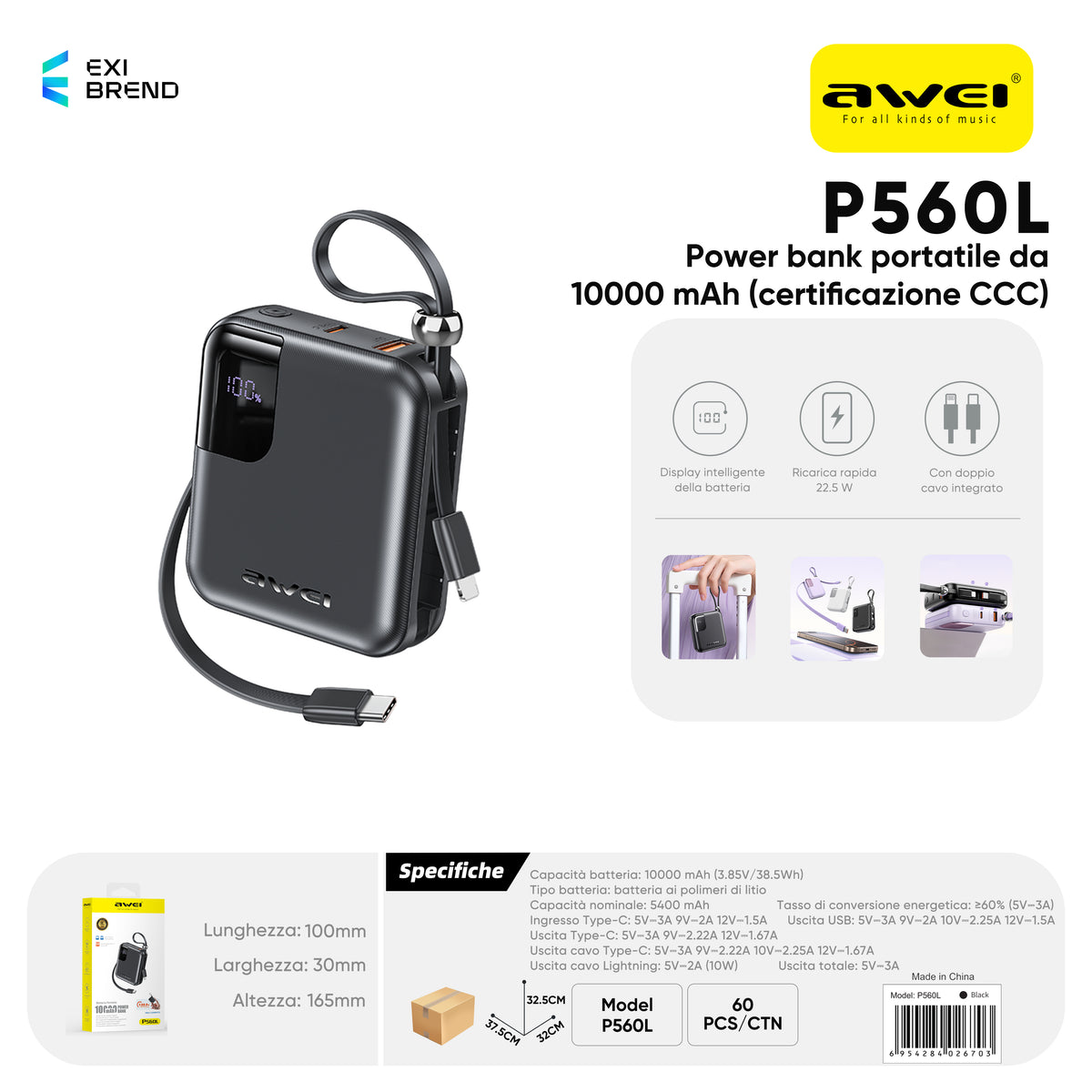 AWEI P560L Mini Power Bank con Cavi 10000 mAh